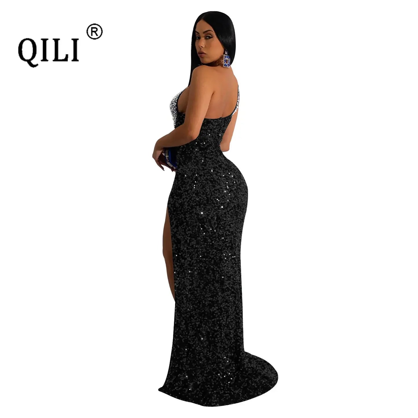 Vestido longo elegante lantejoulas sexy alta divisão