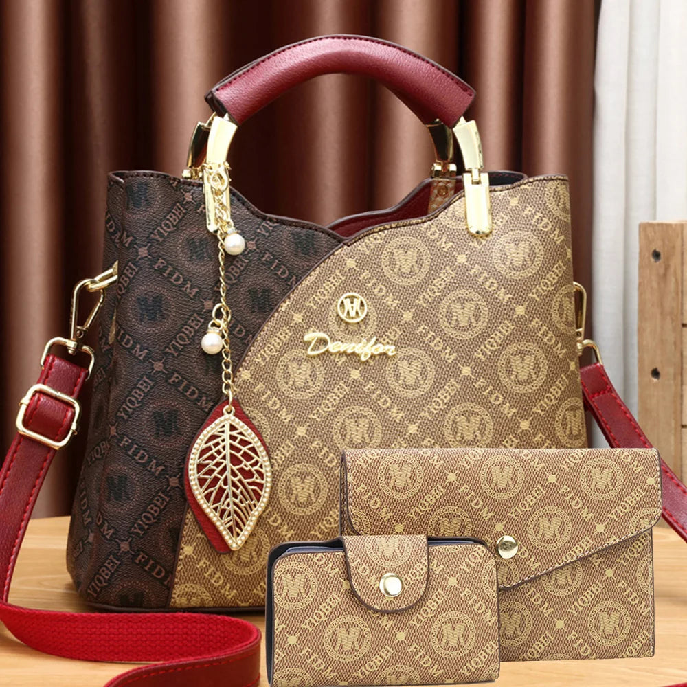 Conjunto de bolsa tote de couro sintético com estampa geométrica