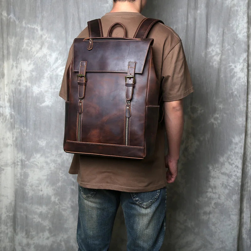 Mochila vintage de couro crazy horse