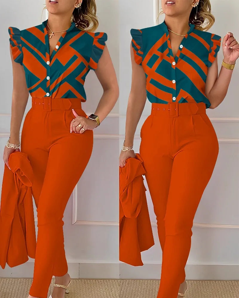 Fato elegante e fino conjunto de 2 peças gola V