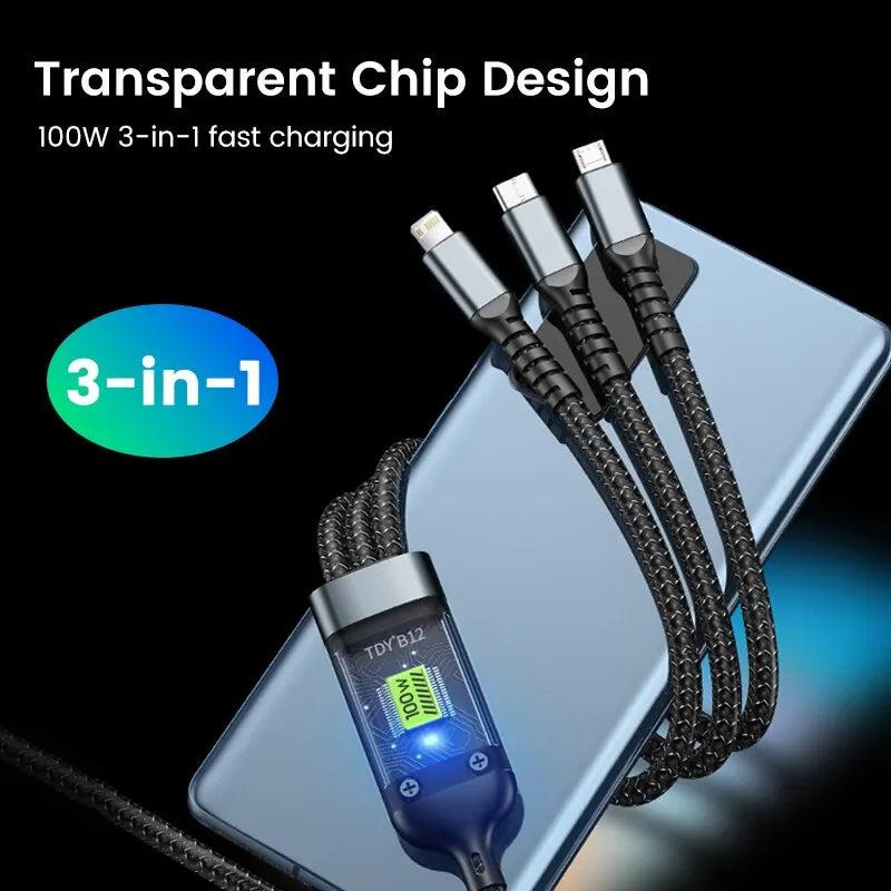 Cabo de carregamento rápido USB tipo-C 3 em 1