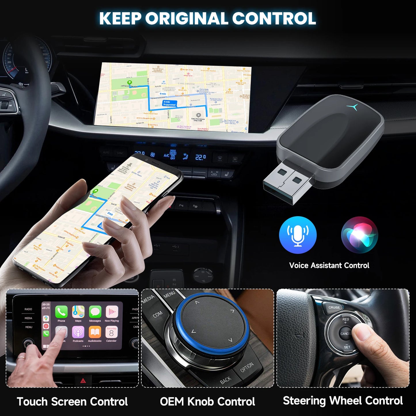 Adaptador CarPlay 2 em 1 sem fio Android Auto Plug & Play
