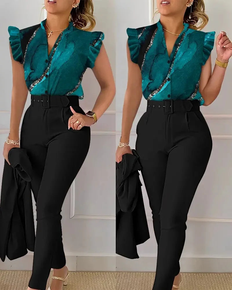 Fato elegante e fino conjunto de 2 peças gola V