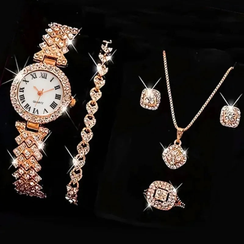 Conjunto relógio feminino mostrador romano 6 peças