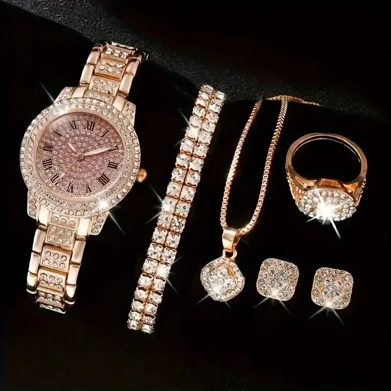 Conjunto relógio feminino mostrador romano 6 peças