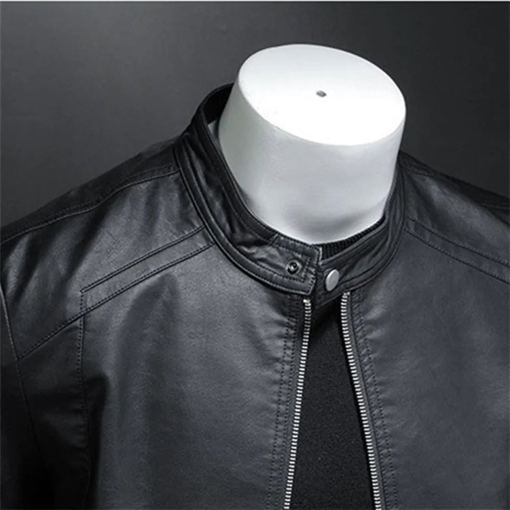 Jaqueta de couro masculina para primavera/outono com gola slim