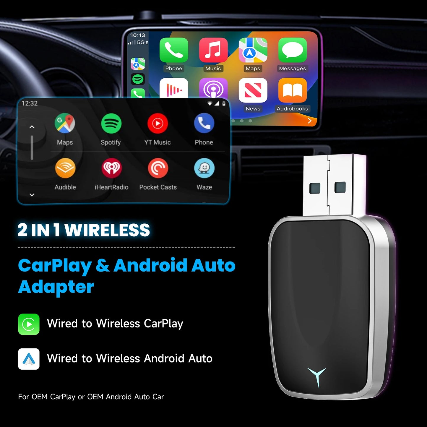 Adaptador CarPlay 2 em 1 sem fio Android Auto Plug & Play