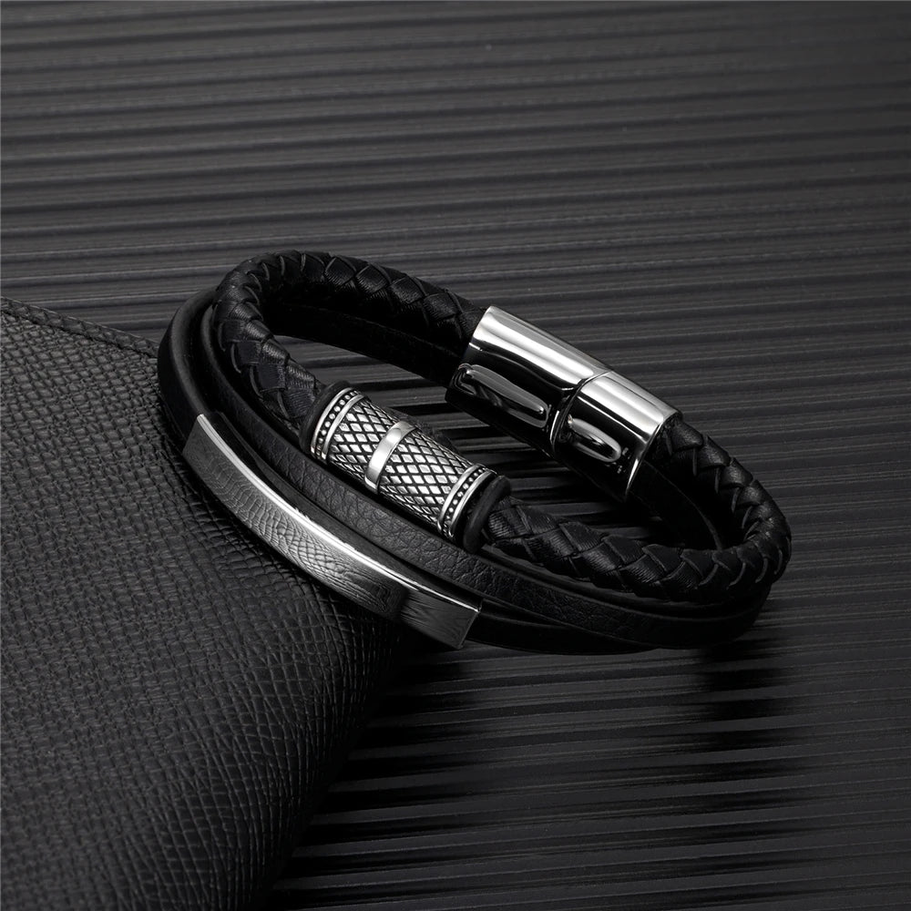 Pulseiras estilo punk viking em pele genuína entrançada