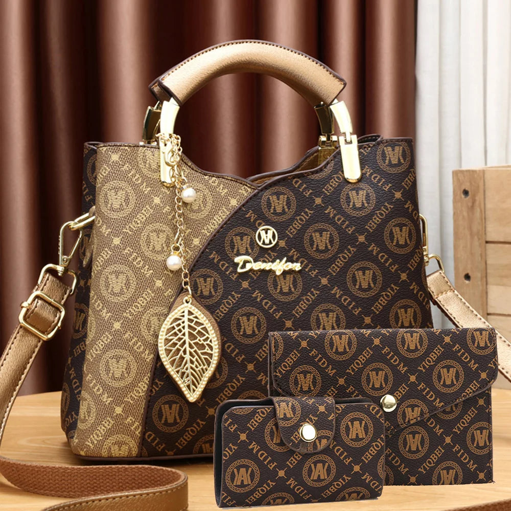 Conjunto de bolsa tote de couro sintético com estampa geométrica