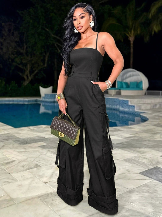 Macacão de perna larga multi bolsos