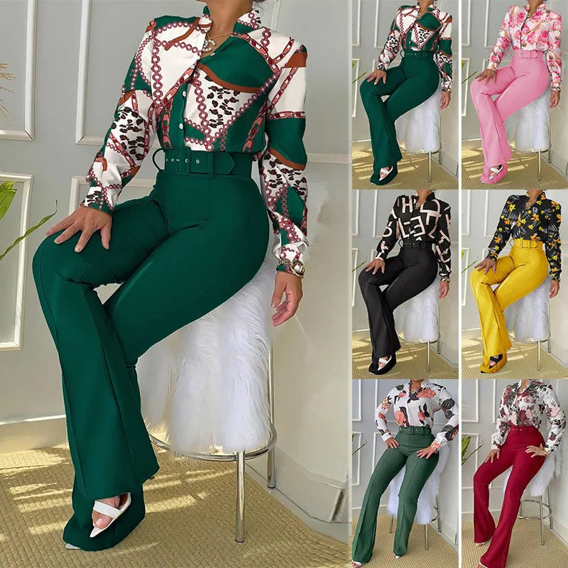Camisa estampada e calças de cintura alta para mulheres