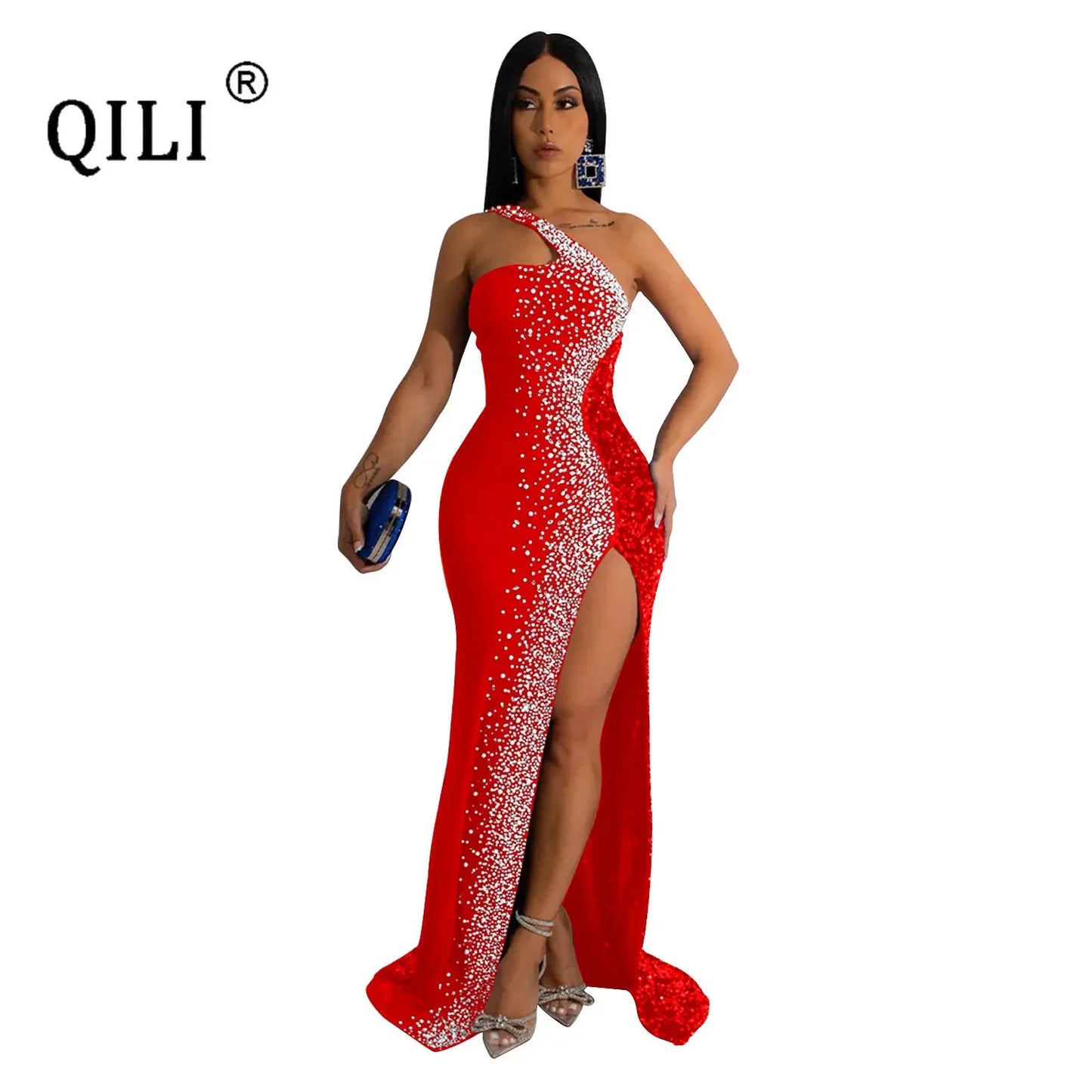 Vestido longo elegante lantejoulas sexy alta divisão