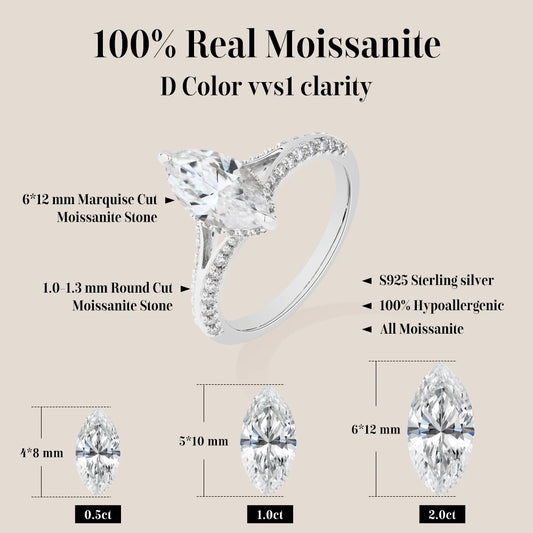 Anel de Noivado ATTAGEMS 2 ct de Moissanite Marquise em Prata 925