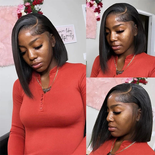Peruca Bob Curta e Lisa com Densidade de 230% e Lace Front 13x4
