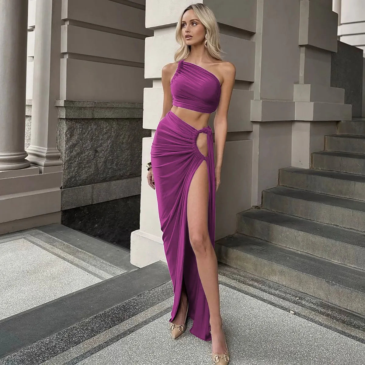 Vestido ruched de cintura alta