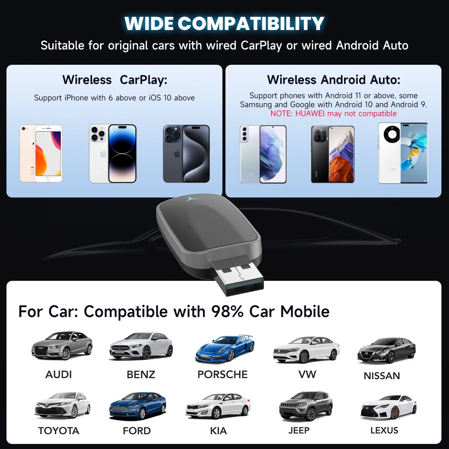 Adaptador CarPlay 2 em 1 sem fio Android Auto Plug & Play