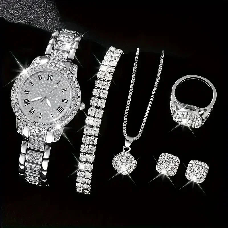 Conjunto relógio feminino mostrador romano 6 peças