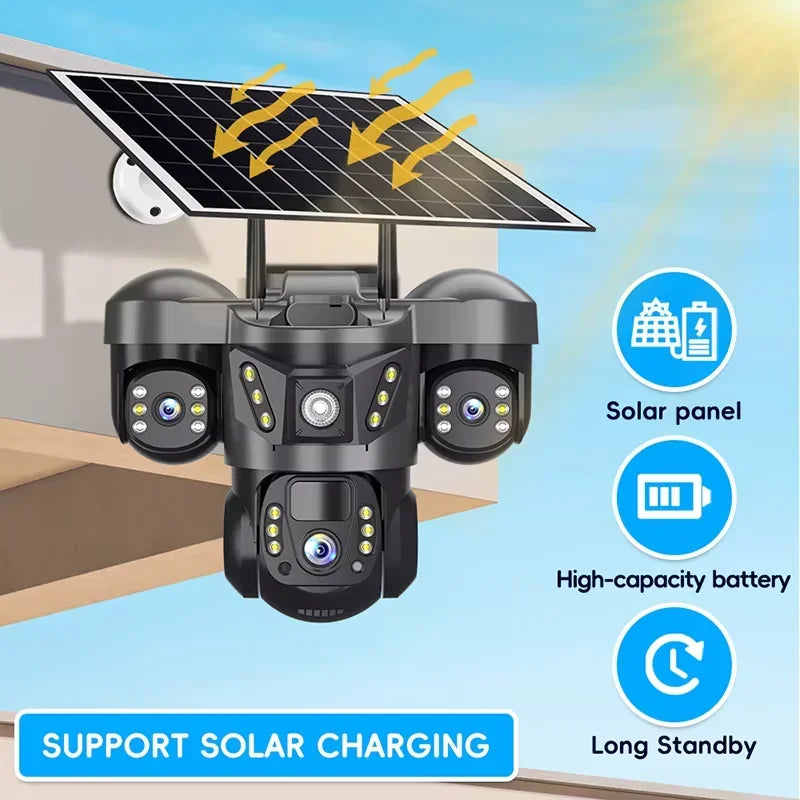 Câmera solar wi-fi sem fio, três lentes