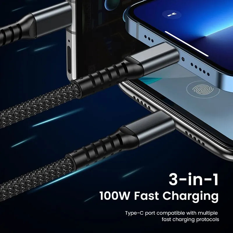 Cabo de carregamento rápido USB tipo-C 3 em 1
