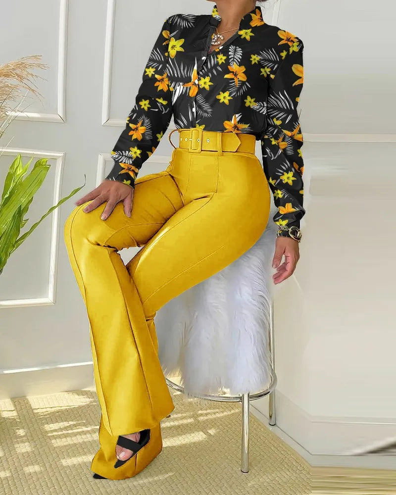 Camisa estampada e calças de cintura alta para mulheres
