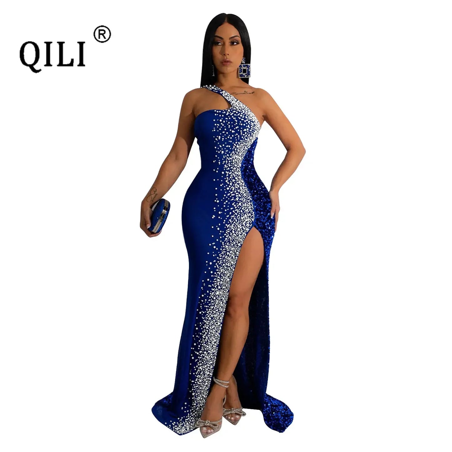 Vestido longo elegante lantejoulas sexy alta divisão