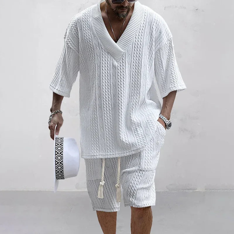 Conjunto de malha verão casual com decote em v manga curta