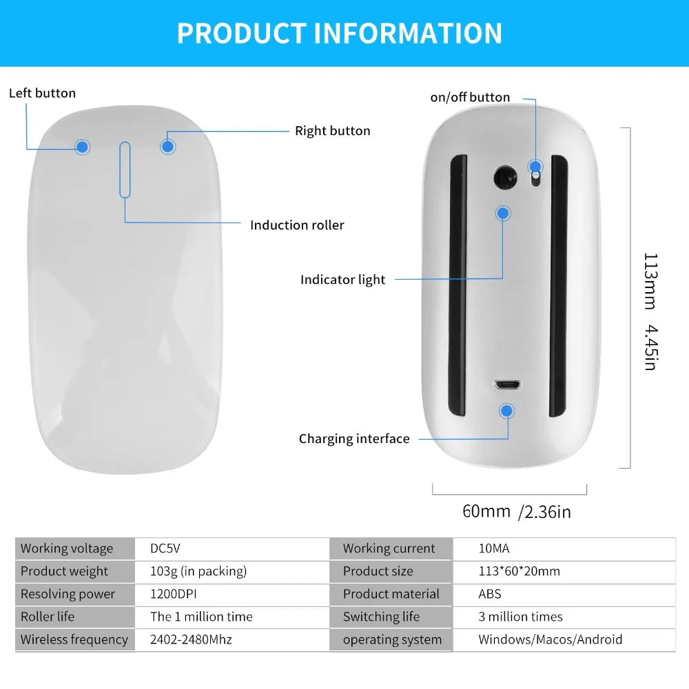 Mouse sem fios bluetooth silencioso recarregável