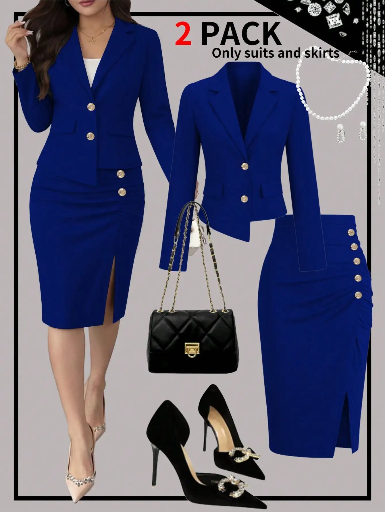 Conjunto elegante de duas peças feminino: blazer acinturado e saia com fenda