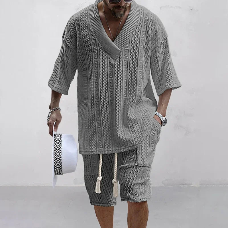 Conjunto de malha verão casual com decote em v manga curta