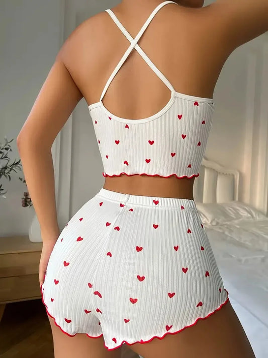 Conjunto de pijamas femininos com estampa de coração