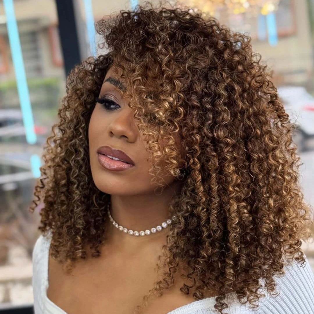 Peruca marrom afro kinky encaracolado