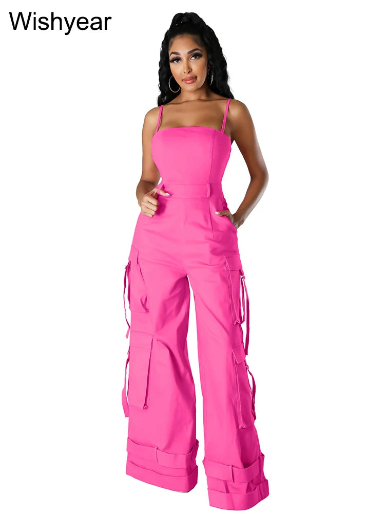 Macacão de perna larga multi bolsos