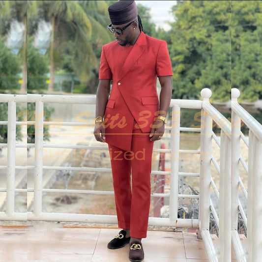 Ternos masculinos de manga curta, um botão, slim fit