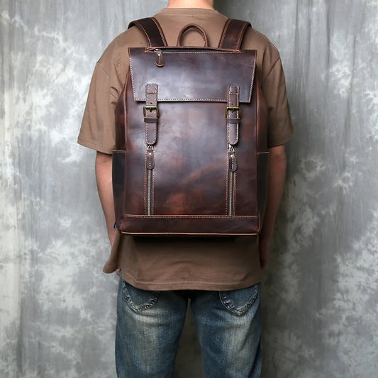 Mochila vintage de couro crazy horse