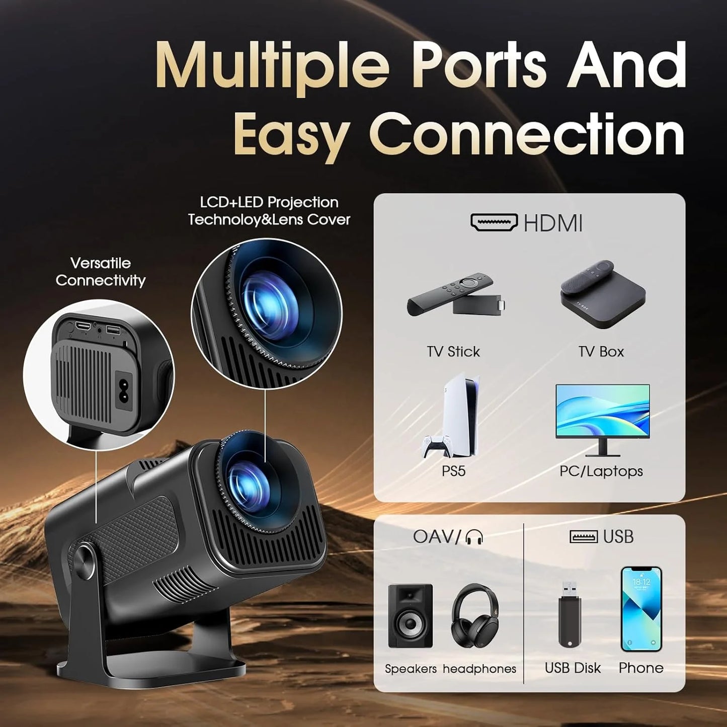 Projetor KaiAqua HY320 com Android 11, resolução 4K nativa