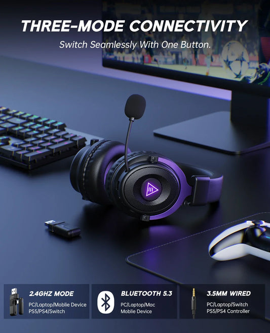 Headset Gamer OneOdio EKSA E900 WT — Sem Fio 2.4G, Bluetooth e RGB