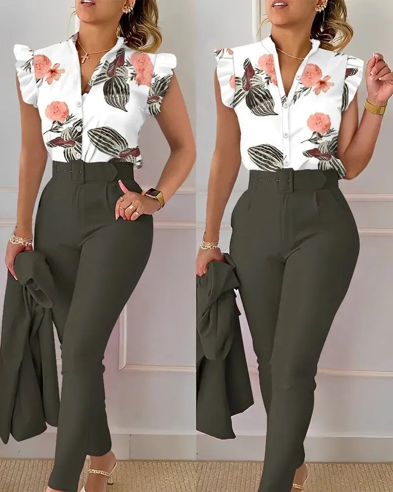 Fato elegante e fino conjunto de 2 peças gola V