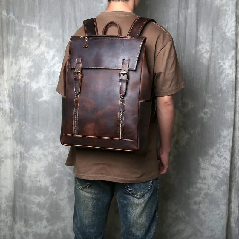 Mochila vintage de couro crazy horse