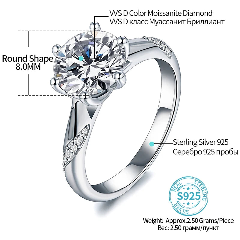 Anel de Moissanite ATTAGEMS em Prata 925 – 1 ct, 2 ct e 3 ct