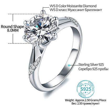 Anel de Moissanite ATTAGEMS em Prata 925 – 1 ct, 2 ct e 3 ct
