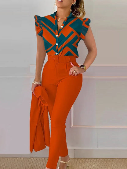 Conjunto primavera/verão com blusa sem mangas estampada com folha de lótus
