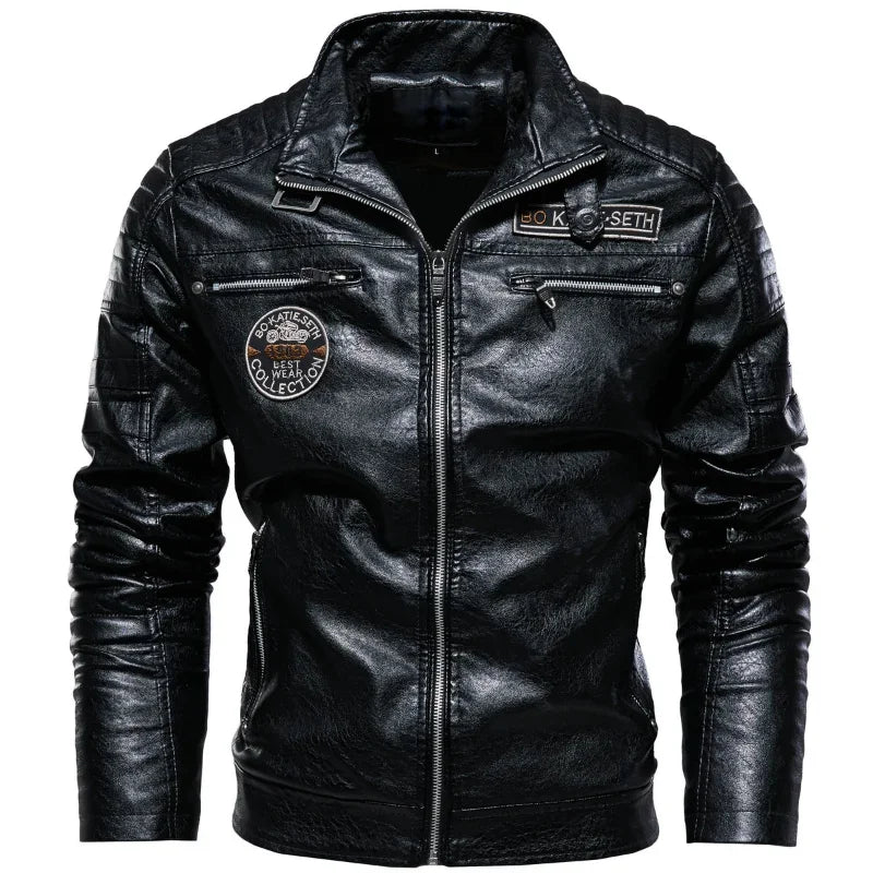 Jaqueta masculina de inverno em lã e couro com gola