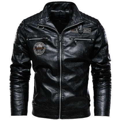 Jaqueta masculina de inverno em lã e couro com gola