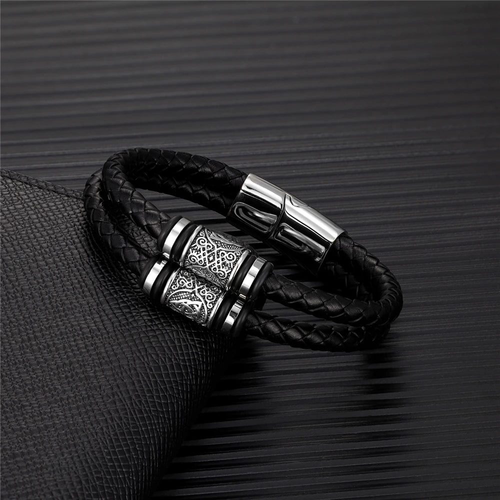 Pulseiras estilo punk viking em pele genuína entrançada