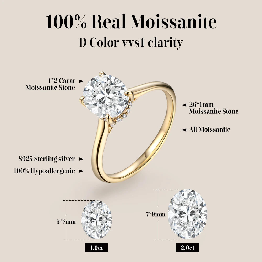 Anel de Moissanite Oval 2 ct D VVS1 em Prata 925