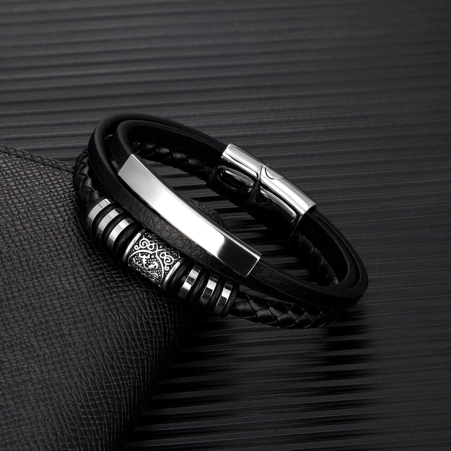 Pulseiras estilo punk viking em pele genuína entrançada