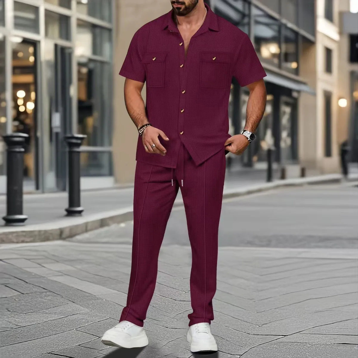 Conjunto Masculino de Verão – Camisa de Botões e Calça Curta