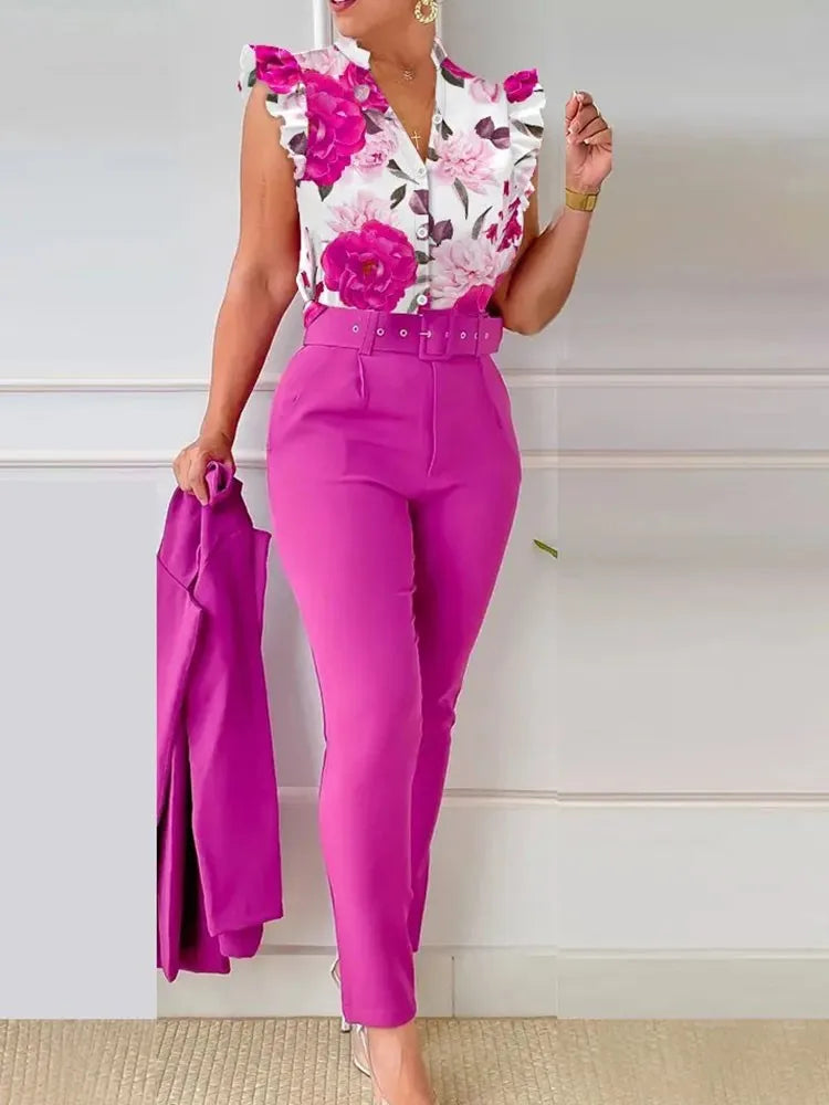 Conjunto primavera/verão com blusa sem mangas estampada com folha de lótus