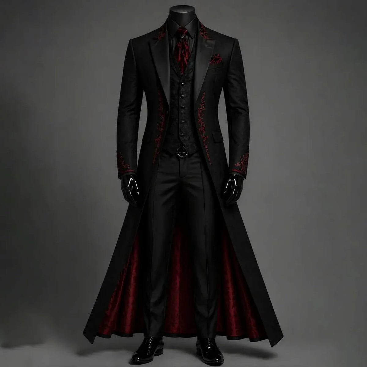 Terno Masculino de 3 Peças com Bordado Floral Vermelho