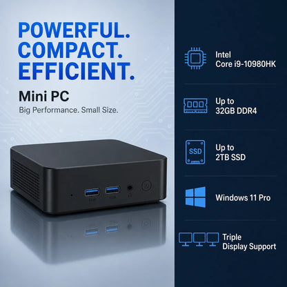 Mini PC Intel Core i9/i3 — Windows 11 Pro, até 32 GB RAM, até 2 TB SSD, Wi‑Fi 6E e Bluetooth 5.2